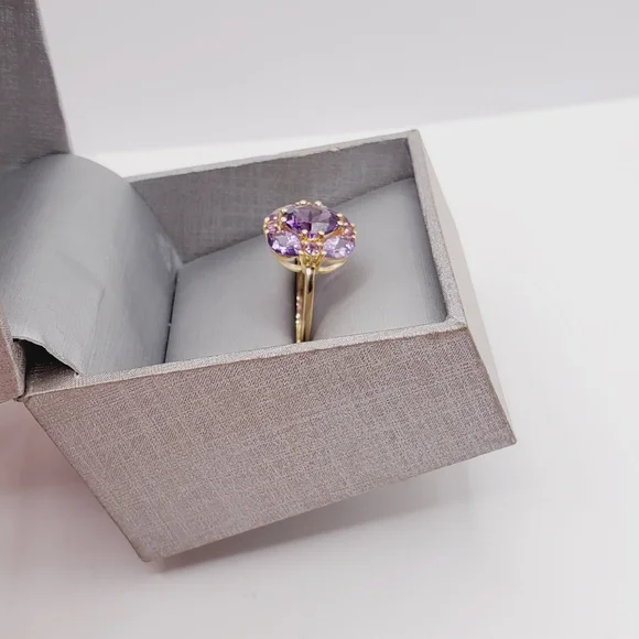 Genuine Amethyst Cluster RingYellow Gold Plated 925 Sterling Silver